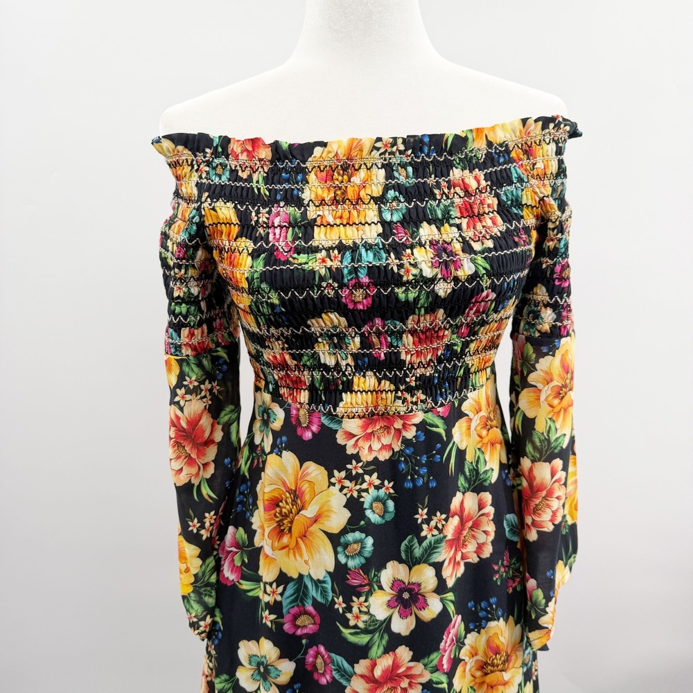 Farm Rio x Anthropologie Sasha Off-The-Shoulder Dress in‎ Black Floral Size XS - Picture 4 of 10